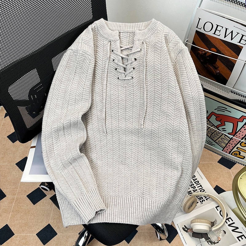 Korean Accessible Luxury Half-Open Tube Knitted T-Shirt Men's High-End Loose Long-Sleeved American Retro Casual Sweater Henley Shirt