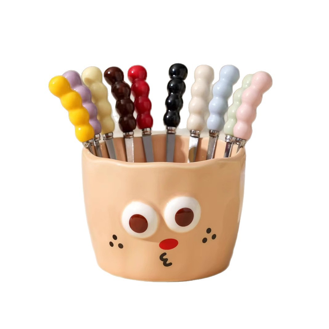Emoticones lindos creativos, tenedor de fruta lindo, combinación de recuerdos personalizados, cuentas de dibujos animados, tenedor de postre de acero inoxidable