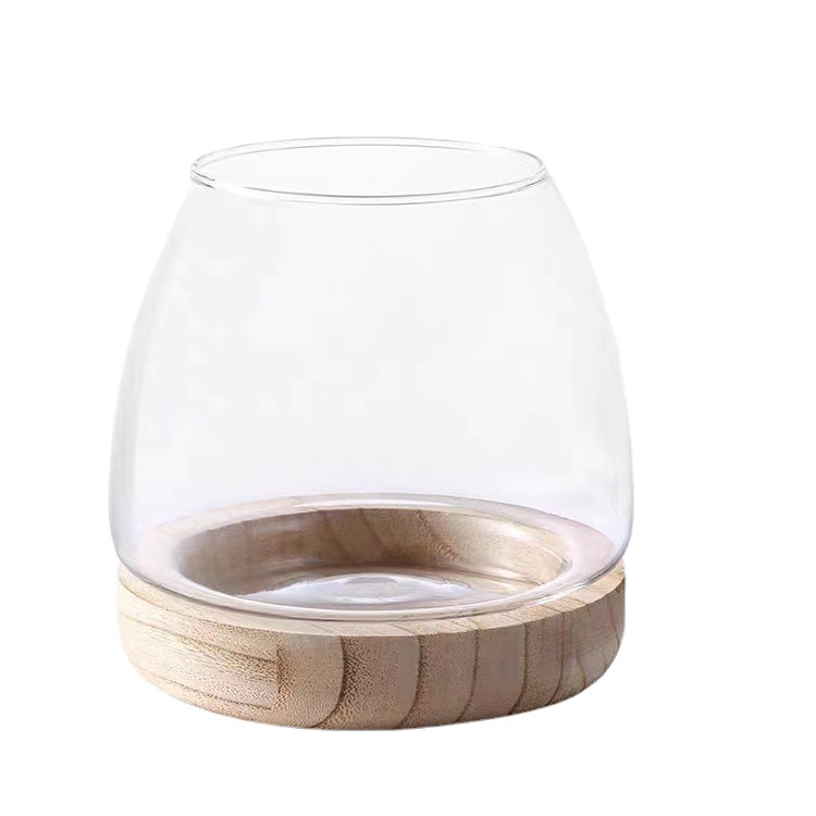 Jarrón de vidrio transparente con soporte de madera de estilo japonés, planta hidropónica de rábano verde, pecera ecológica, arreglo floral de escritorio simple, decoración