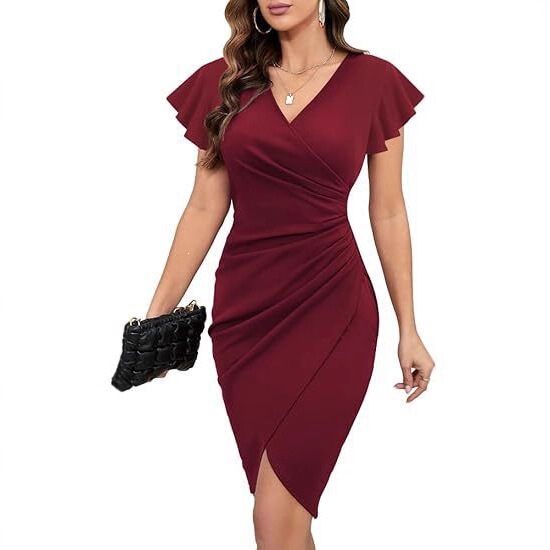 2025 Cross-Border Sexy V-Neck Ruffle Sleeve Wrap Dress Pleated Bodycon Cocktail Party Work Dress for Women