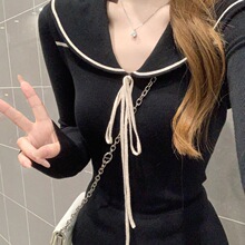 miu系甜美风娃娃领设计感系带长袖针织上衣女秋冬修身显瘦打底衫