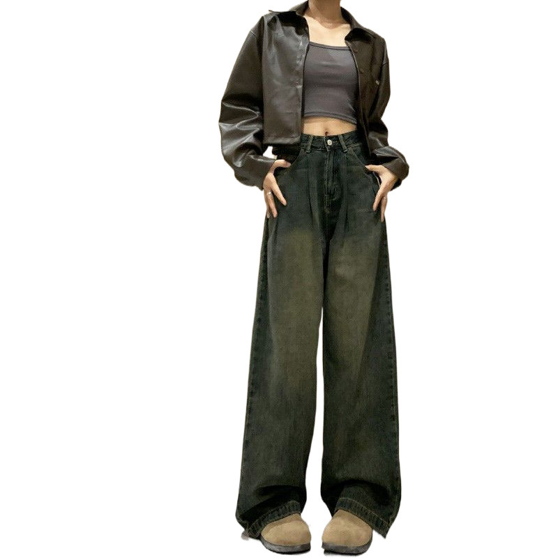 플러스 사이즈 뚱뚱한 시멘트 회색 넓은 다리 청바지 여성의 봄과 가을 2024 새로운 높은 허리 슬리밍 느슨한 스트레이트 바지