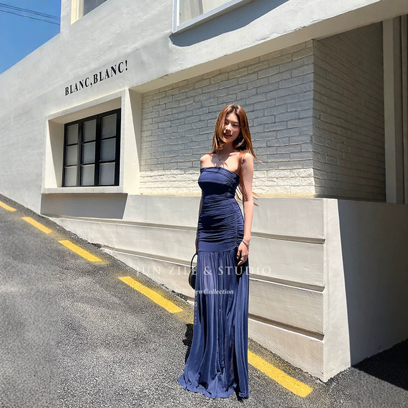 French-Style Dress for Women, Summer High-End Elegant Navy Blue Shiny Mesh Strapless Long Dress, Celebrity Birthday Gown French-Style Dress for Women, Summer High-End Elegant Navy Blue Shiny Mesh Strapless Long Dress, Celebrity Birthday Gown