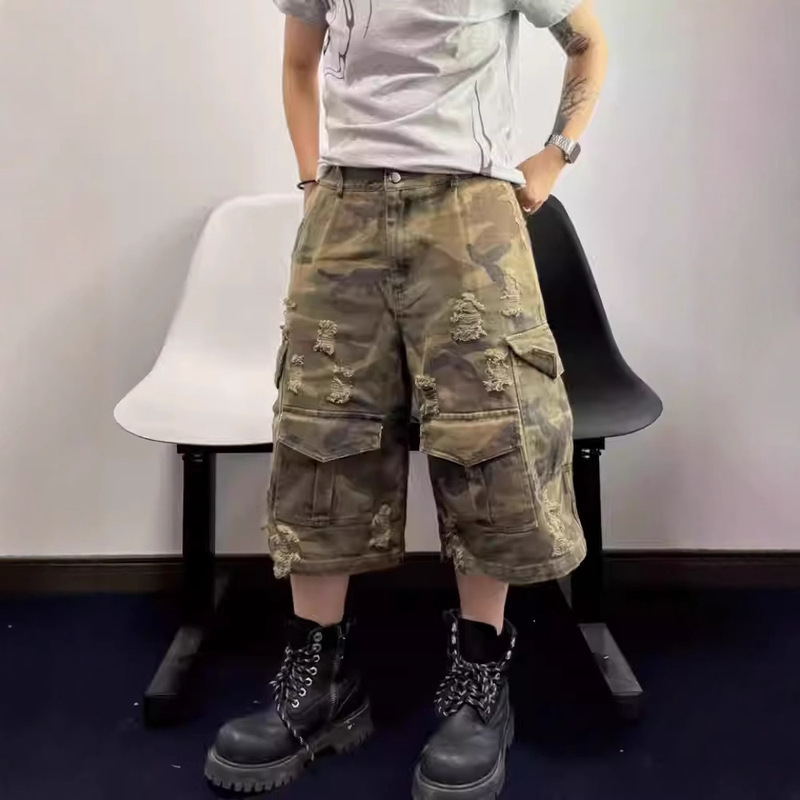 High Street Destruction Camouflage Stone Mill Washed Old Cropped Pants Men's and Women's Loose American Ripped Crock Pants Wide Leg Shorts