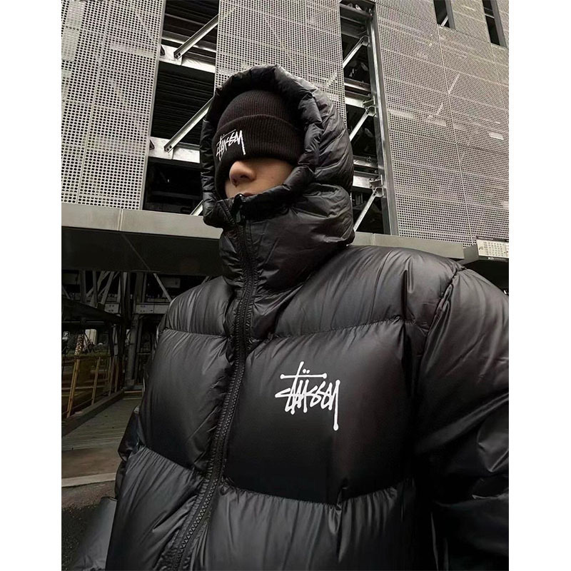 跨境斯图西联名连帽棉服刺绣男女款保暖加厚美式外套面包男女