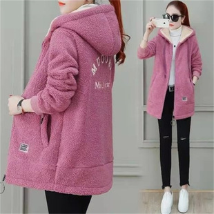 Embroidered Letter Fleece-lined Thickened Lamb Wool Women's Fleece Sweater Korean Elegant Casual Women's Mid-length Hooded Top