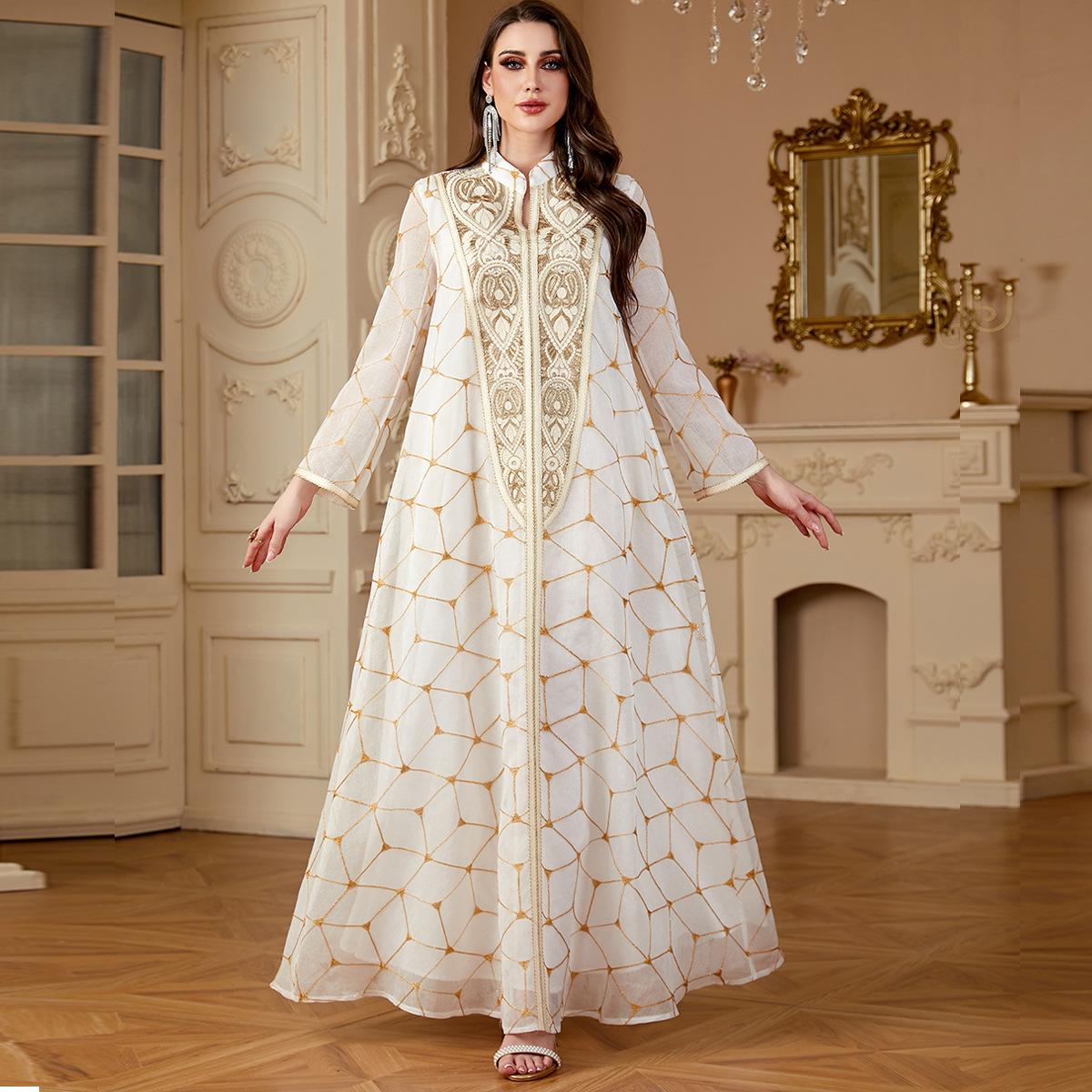 Patchwork embroidered long-sleeved elegant dress/robe, cross-border wholesale, fashionable foreign trade women's clothing, long skirt, in stock.
