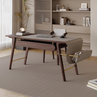 Italian mid-century style solid wood desk home study writing workbench high-end black walnut saddle leather computer desk