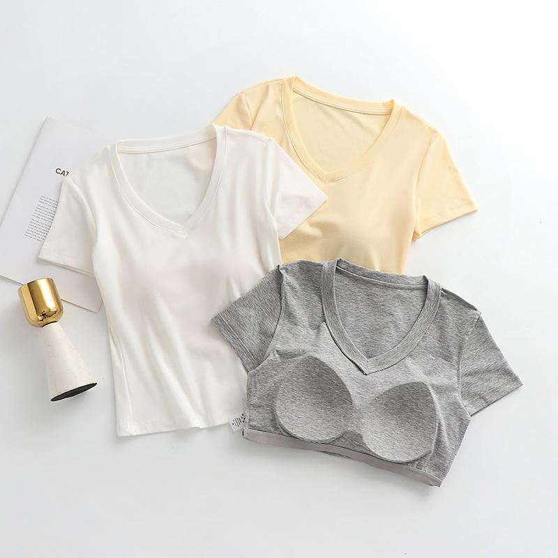 V-Neck Short-Sleeved T-Shirt with Chest Pad Women's Summer Slim-Fit Slimming 2025 New Cup One-Piece Shoulder Half-Sleeve Top