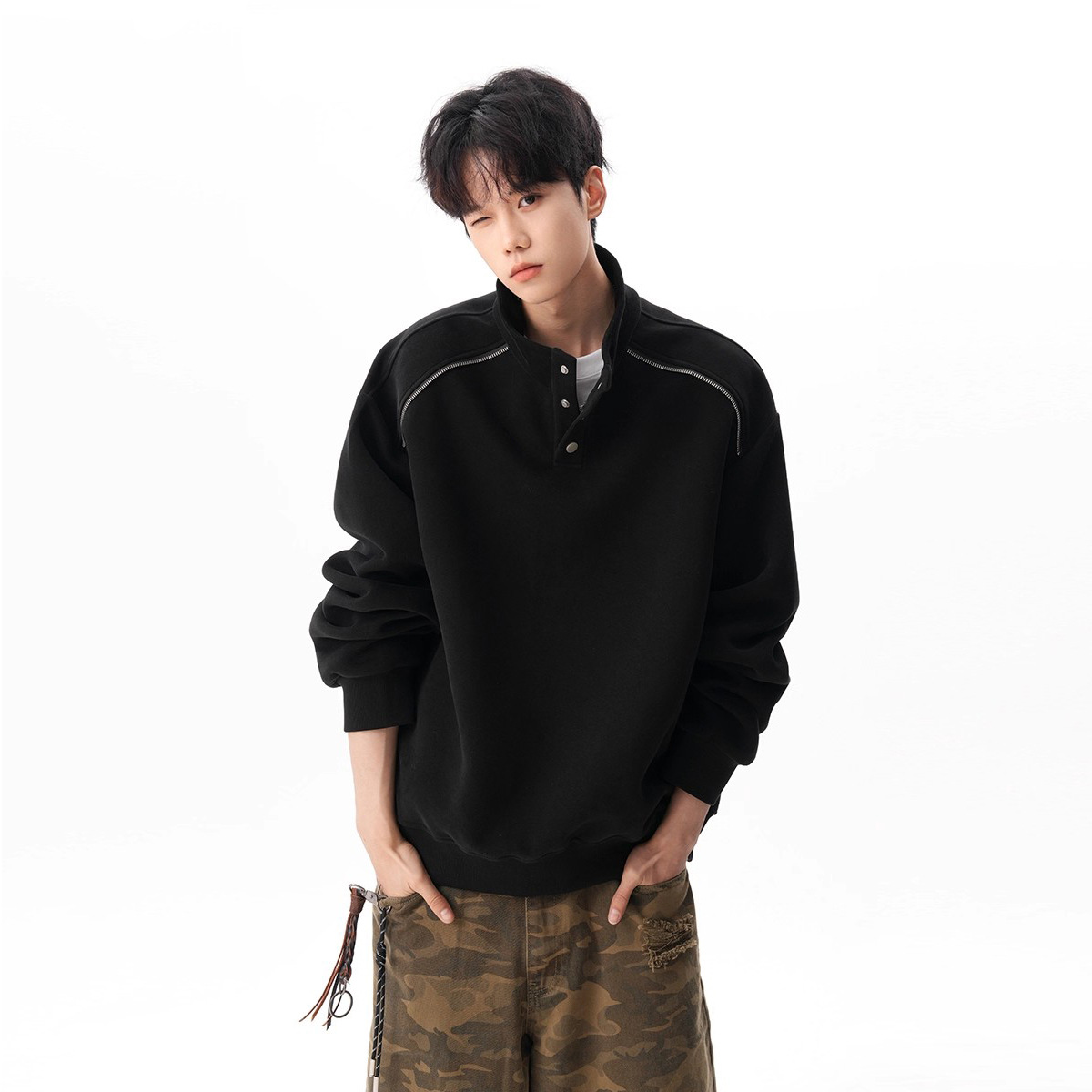 American Casual Stand-Up Collar Sweatshirt for Men 2025 Spring and Autum New Design Casual Pullover Loose Sports Top