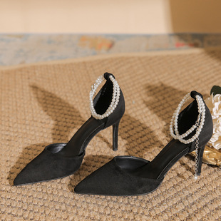 228-1B Black High Heels Women's 18-Year-Old Coming-Of-Age Ceremony 2024 New Suede Hollow Toe Cap Stiletto Pointed Toe Shoes