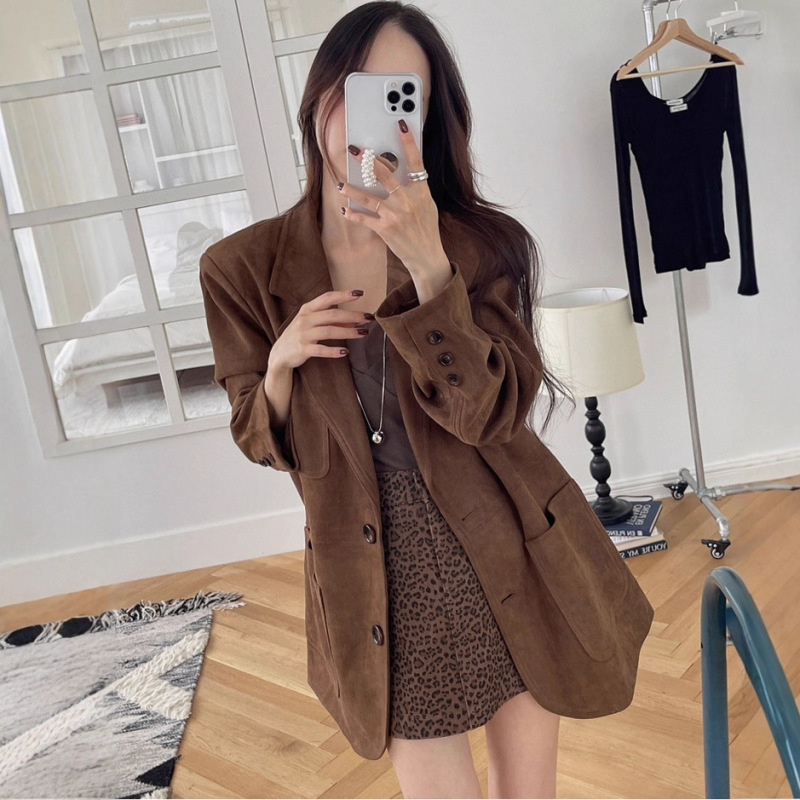 东大门ins秋冬复古法式感麂皮绒廓形宽松复古西装外套女休闲西服|undefined
