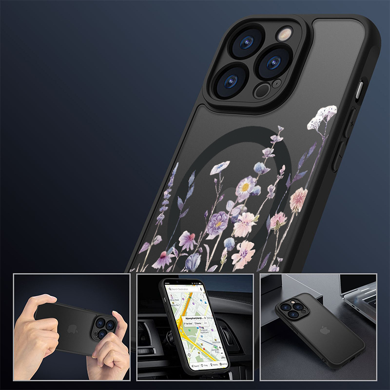 Applicable to Aple 16promax mobile phone case magnetic flower iphone15 all inclusive 14p frosted protective cover_voghion.com