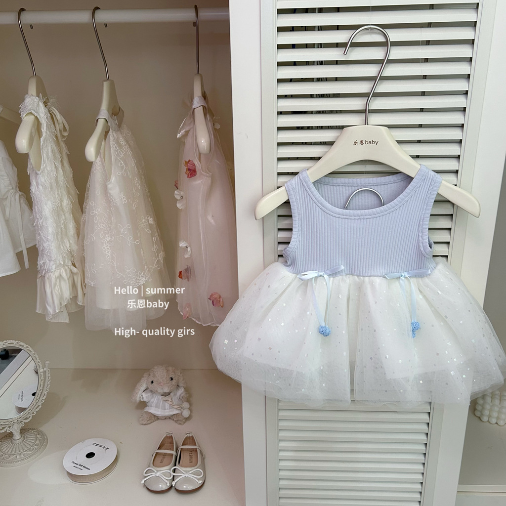 [Le En baby] 2025 verano niña azul falda de malla falda de chaleco de estilo occidental de moda falda de princesa de moda