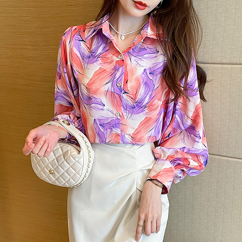 韩国女装灯笼袖长袖衬衫女 2023新款印花长袖小衫