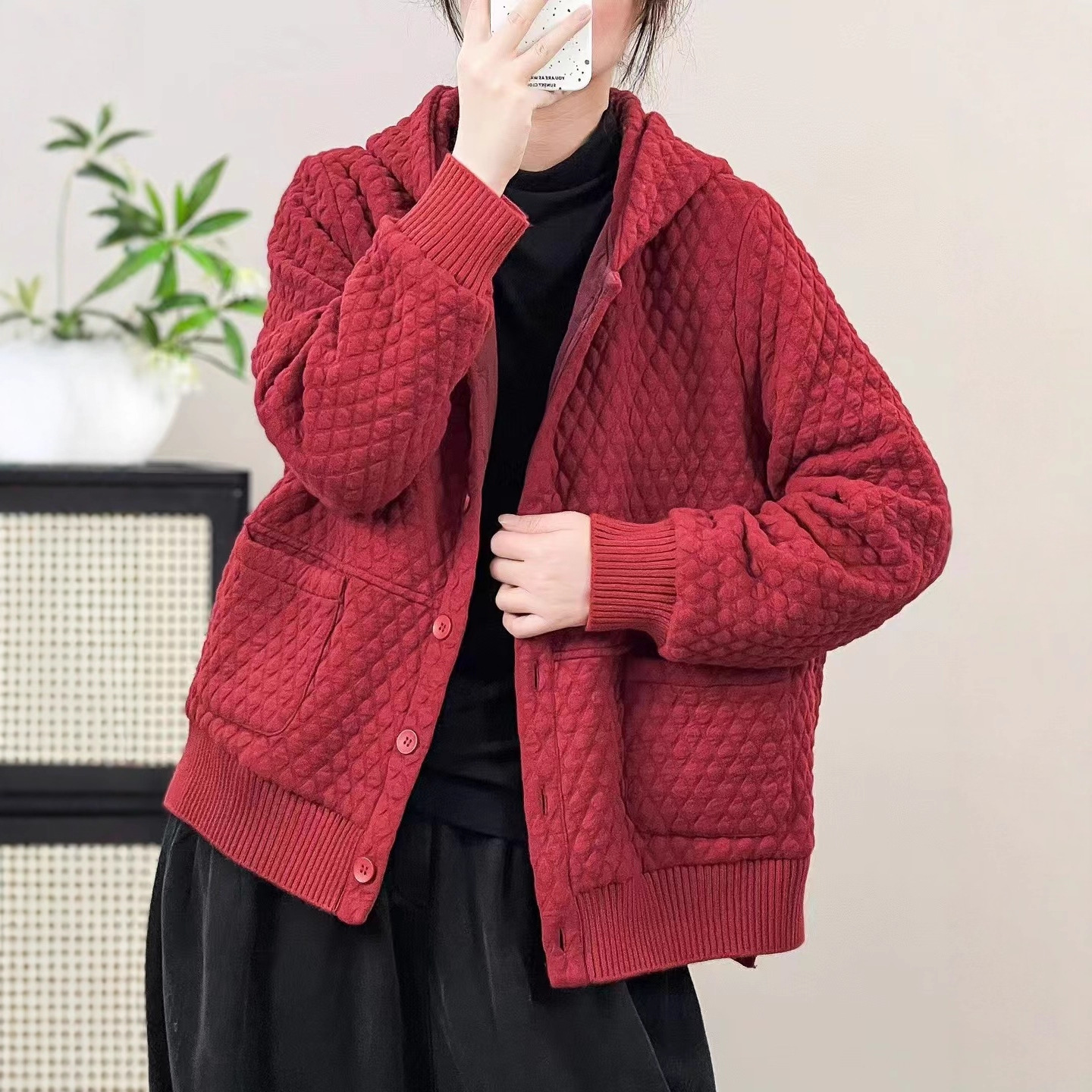 菱格棉连帽外套女 25冬新款宽松百搭休闲时尚双口袋开衫棉衣23332
