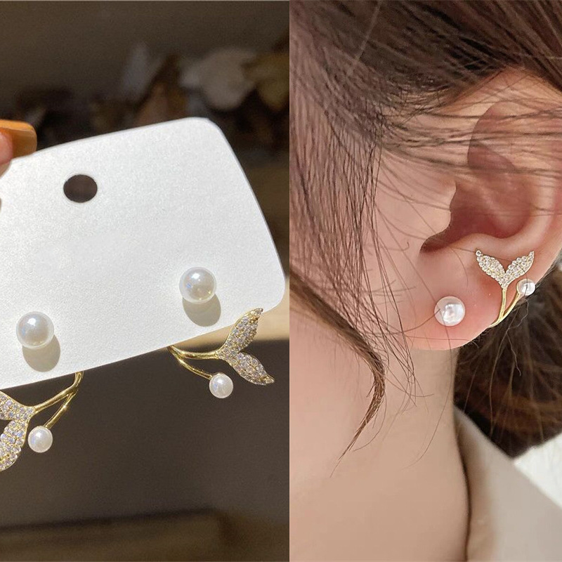 Fishtail Pearl Stud Earrings For Women Elegant Diamond Accessories_voghion.com