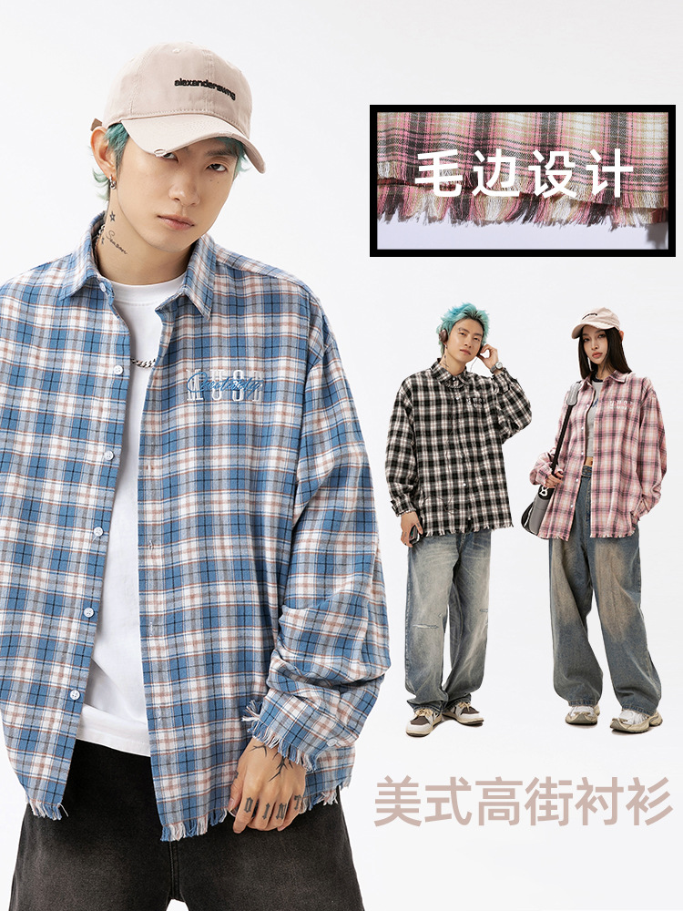 Camisa de manga larga con diseño de borlas sin rematar para hombre y mujer, estilo americano moderno de calle, camisa de pareja con bordado de letras, chaqueta q