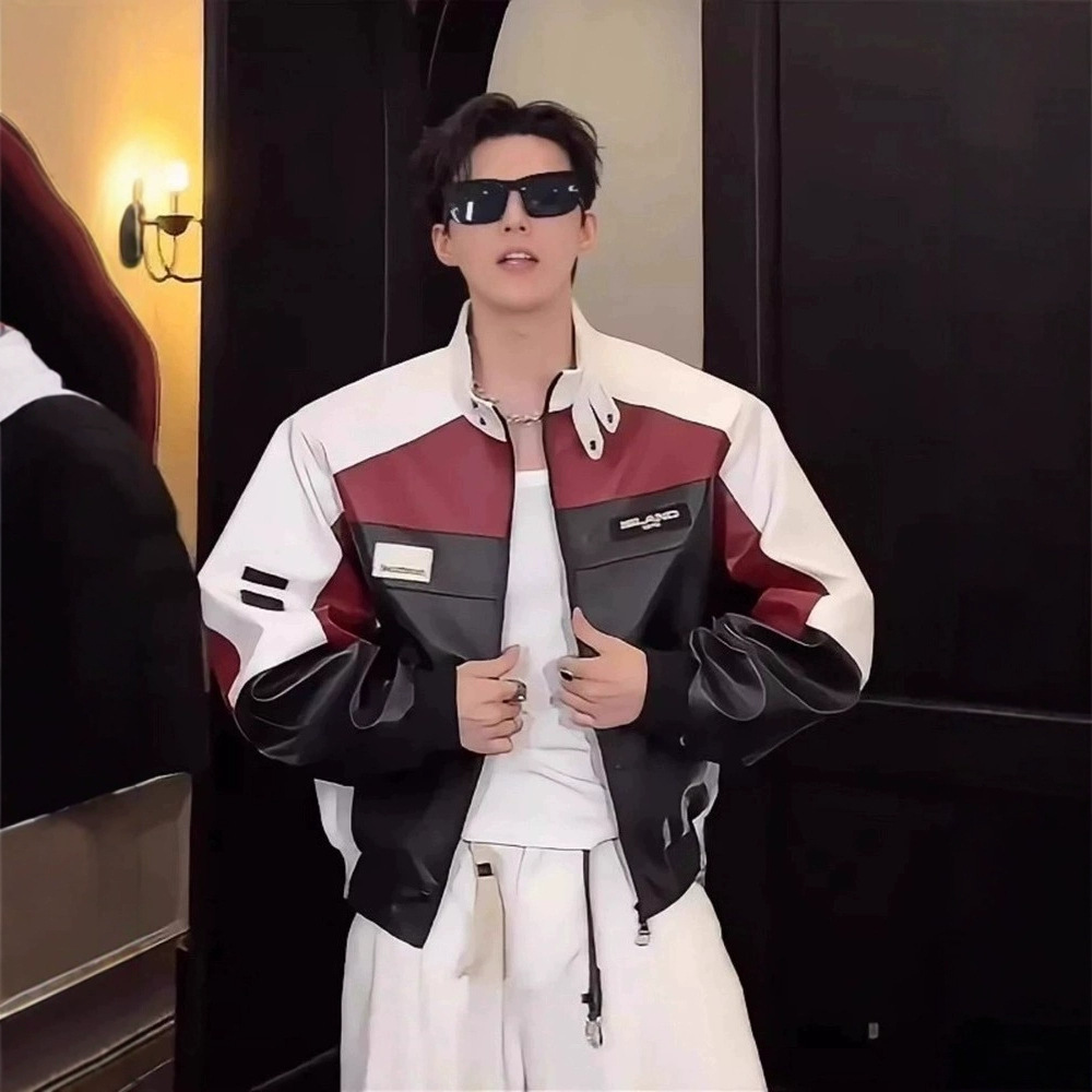 American retro color-blocked patchwork leather jacket men's spring and autumn trendy loose stand collar motorcycle jacket PU leather top