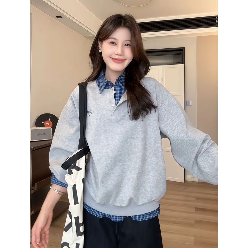 25新款假两件格子拼接卫衣POLO领宽松显瘦小众女装秋季新款时尚百|undefined