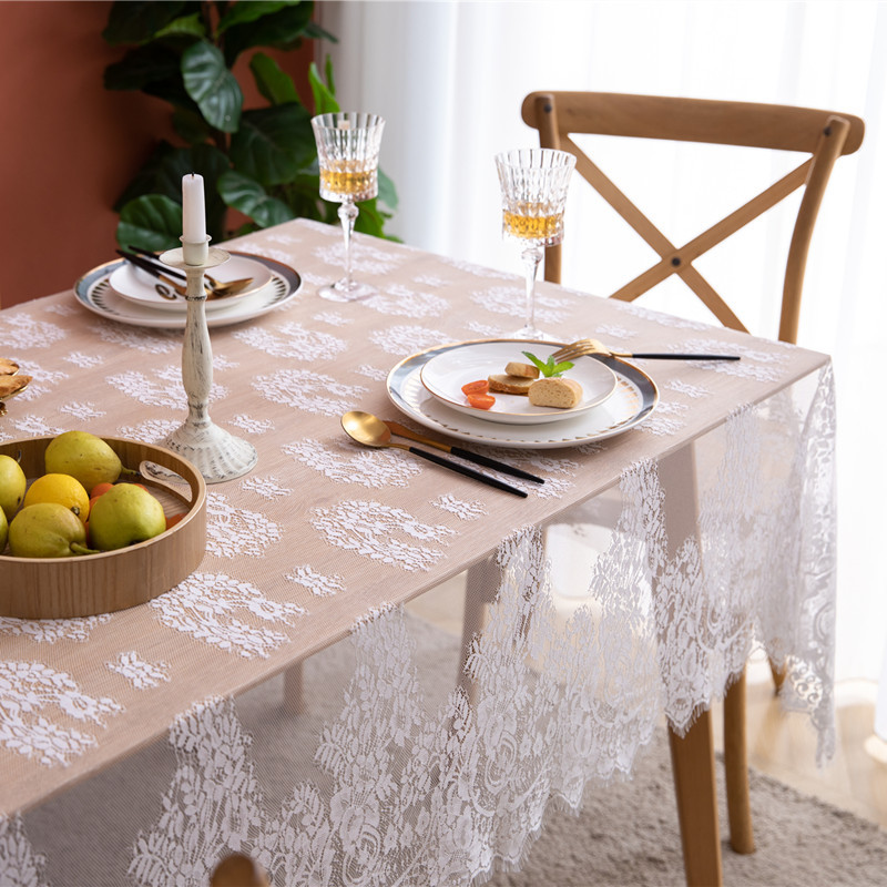 Tischdecke im französischen Landhausstil aus weißem Nylon mit durchbrochenem Design und Rosenmuster aus Wimpernspitze für Fotoshootings, geeignet für Kaffee und Tische_voghion.com