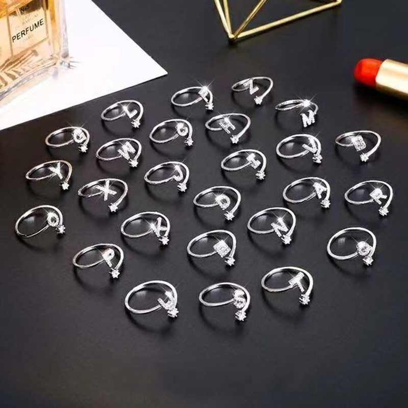 Silver Silver S925 sterling silver 26 letters ring female light luxury design tail ring fashion personality plain ring open Index ring