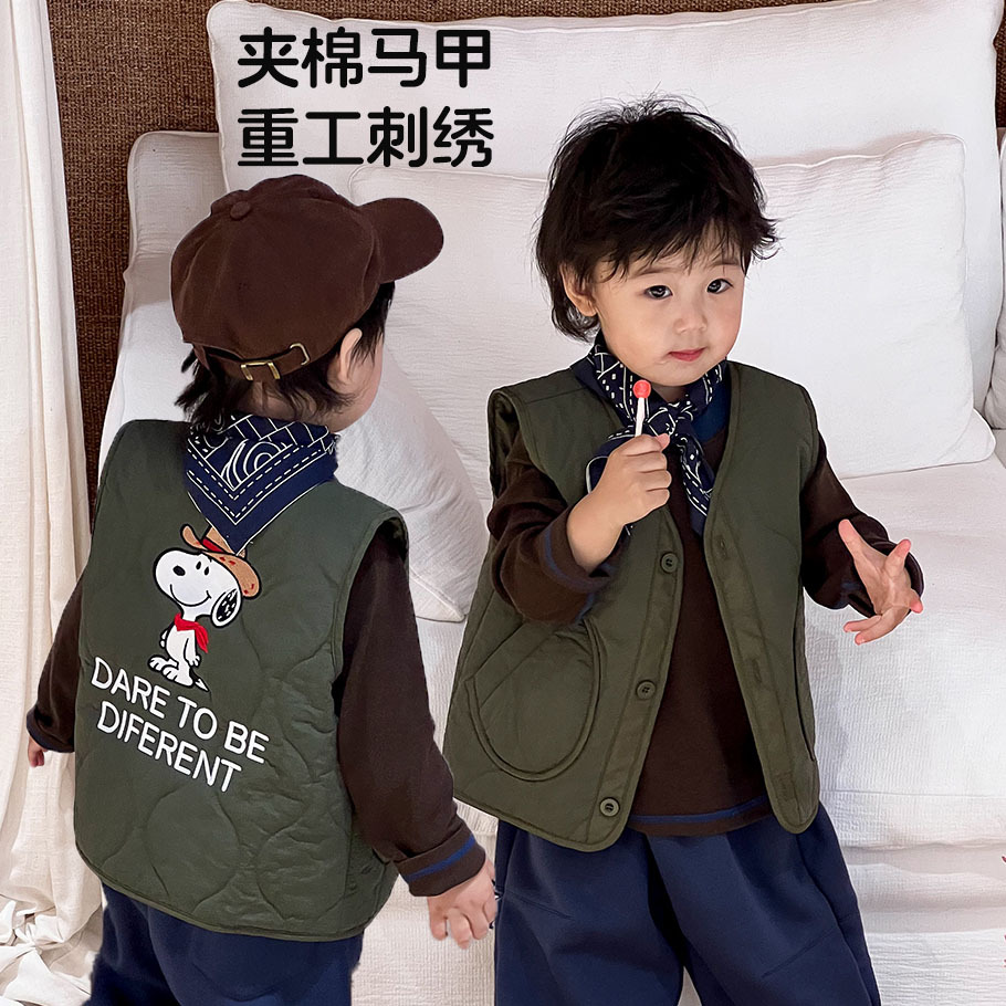 Children's autumn and winter quilted vest, heavy-duty embroidered vest, loose Korean style quilted vest for boys and girls