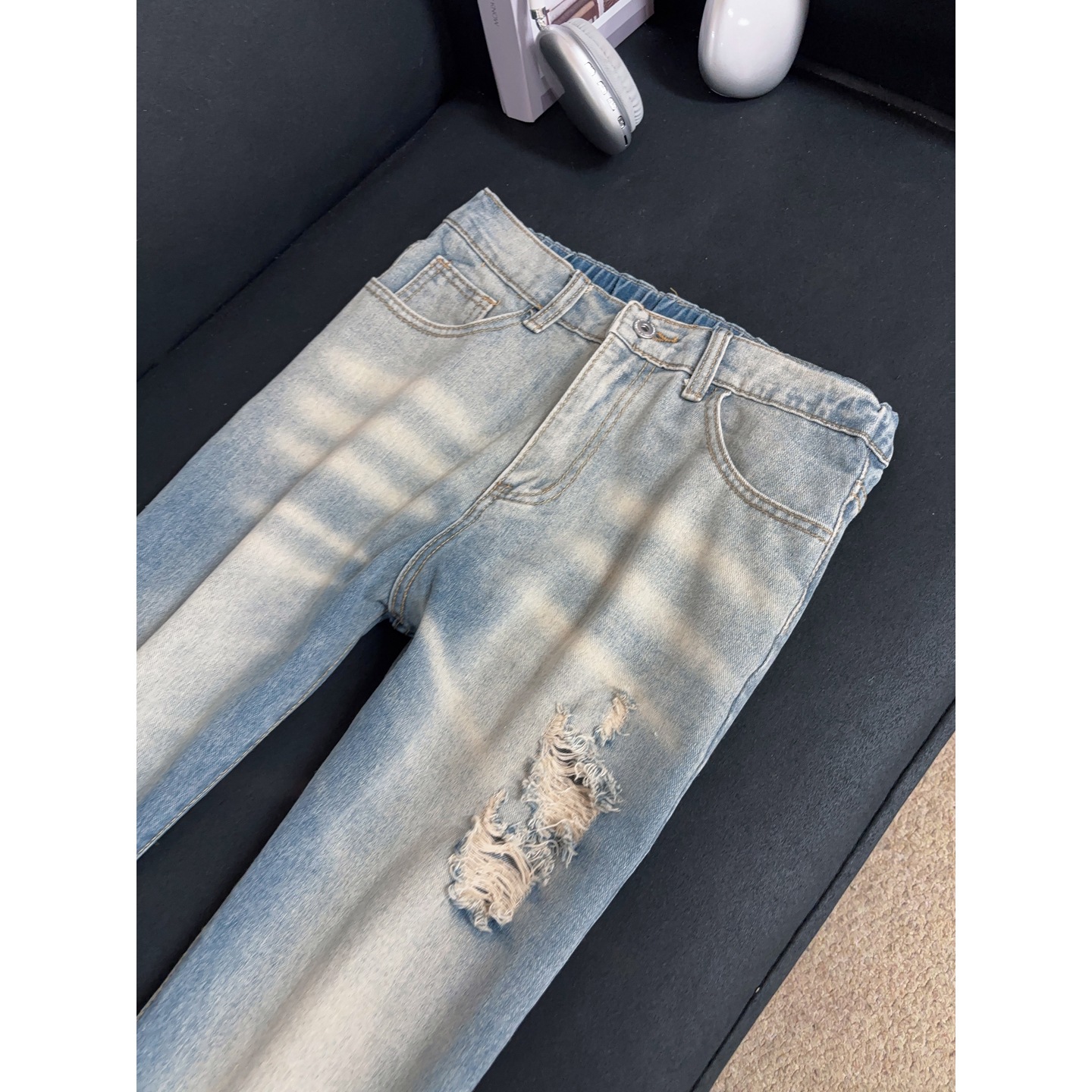 Men's Ripped Jeans High Street Style Slightly Flared Straight Leg Pants Trendy Brand Versatile Summer Design Wasteland Look_mkmklike.com