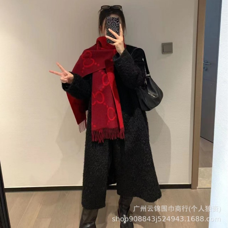 羊绒围巾女老花双G羊毛保暖双面羊绒流苏秋冬季黑灰粉咖啡棕围脖|undefined