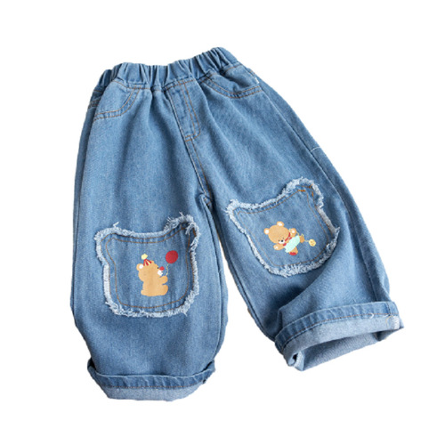 Spring Children's Cartoon Print Teddy Bear 2024 Korean New Style Fashionable and Versatile Wide Leg Straight Through Jeans for Girls 