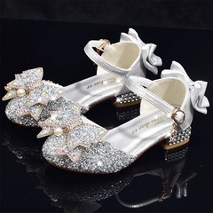 New Arrival Princess Shoes for Girls: Comfortable Kids' High-Heel Performance Wear with Silver Rhinestones, Delicate Butterfly Design, and Crystal Accents