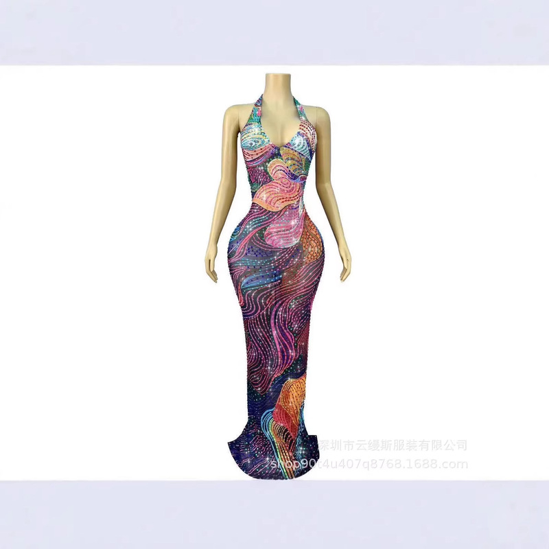 New Heavy-Duty Rhinestone Dress for Stage Performance, Stage Show, Birthday Photoshoot, Rainbow Brocade Gown