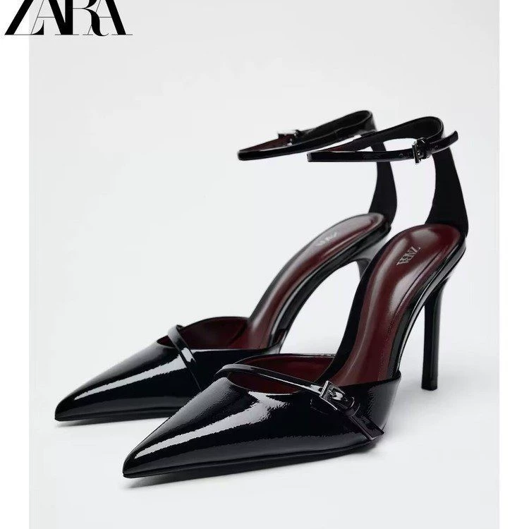 2025 модная новая женская обувь с острым носком, классические черные женские босоножки на высоком каблуке из лакированной кожи с неглубоким носком и ремешком сзади