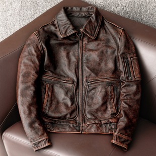 A2 Replica Flight Suit, Nostalgic Retro Stone-Grinded Distressed Genuine Leather Cowhide Leather Jacket for Men, Large Size Leather Jacket