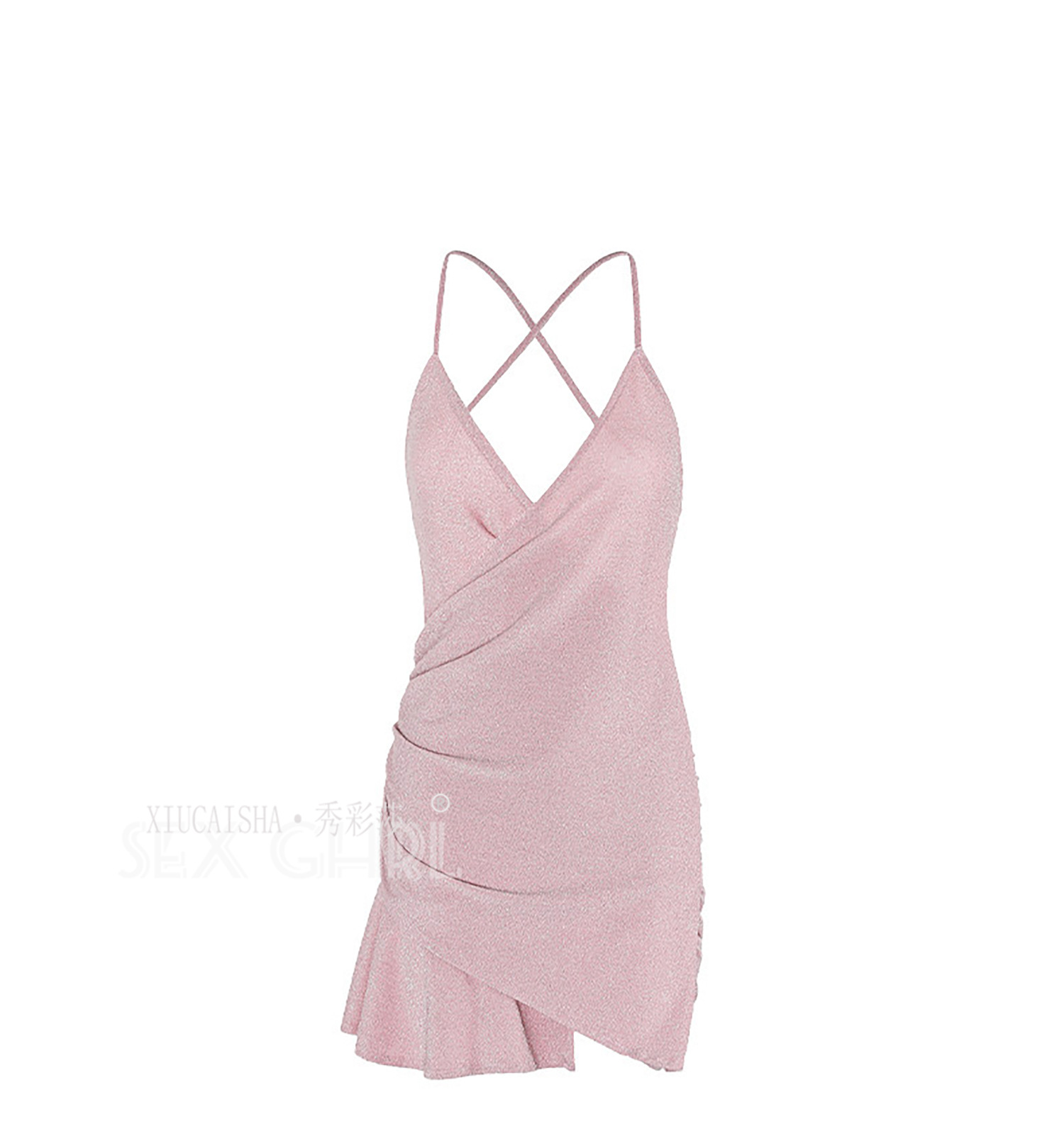Shiny Strap Babydoll Lingerie Set with Thong and Open-Crotch Stockings, Pink Mini Nightdress — detail image 10
