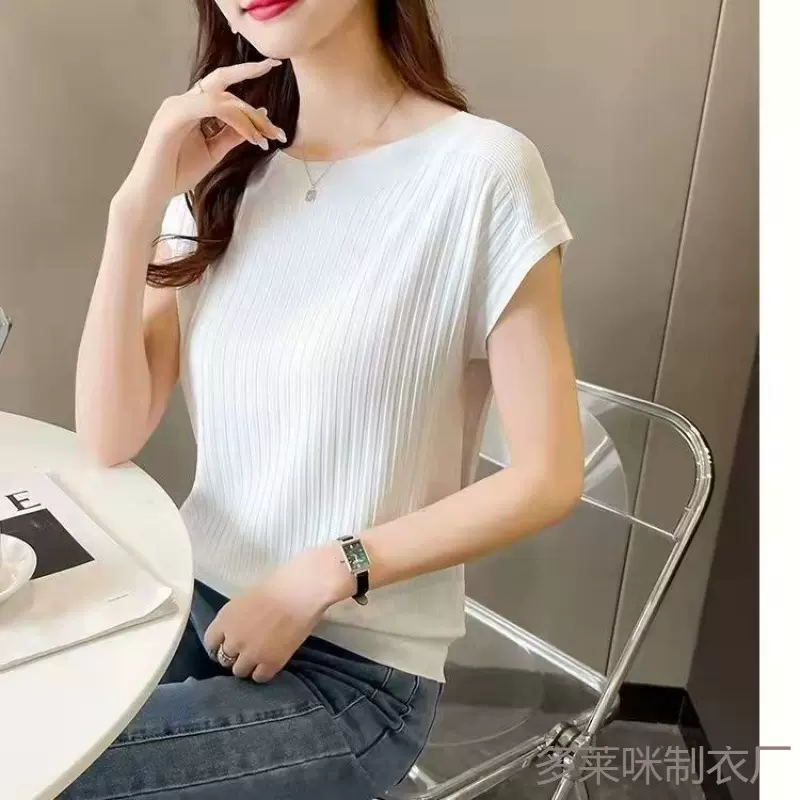 夏季新款设计感小众圆领竖条纹针织衫气质女上衣轻薄短袖时尚