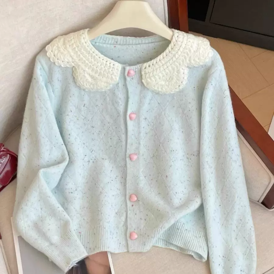 大朗针织衫工厂甜美清新娃娃领毛衣开衫女秋冬季新款花边显瘦外套