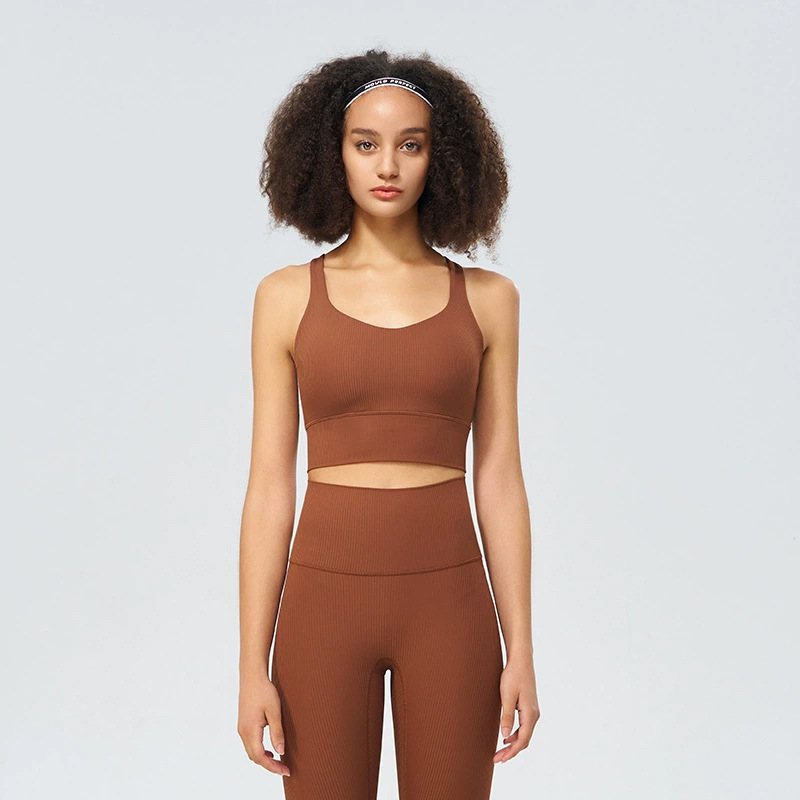 Ropa interior deportiva acanalada, taza fija para mujer, espalda hermosa cruzada de alta elasticidad, sujetador de yoga a prueba de golpes, chaleco de secado rápido de fitness