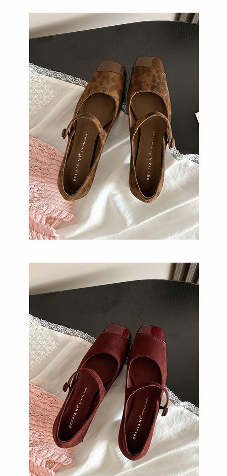 Giày Mary Jane nữ mũi vuông gót thô 3–6 cm, da bóng họa tiết da báo, quai ngang — Màu da báo, Màu đỏ rượu, Xanh lá cây chi tiết 11