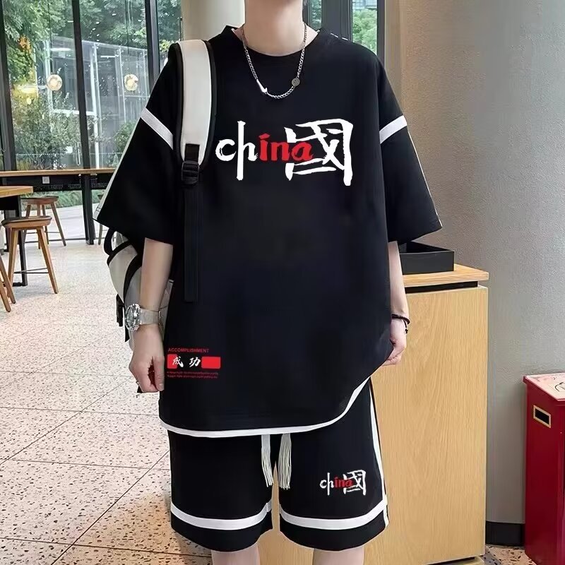 汉字休闲套装男夏季冰丝短袖t恤男装一套搭配帅气潮牌运动衣服
