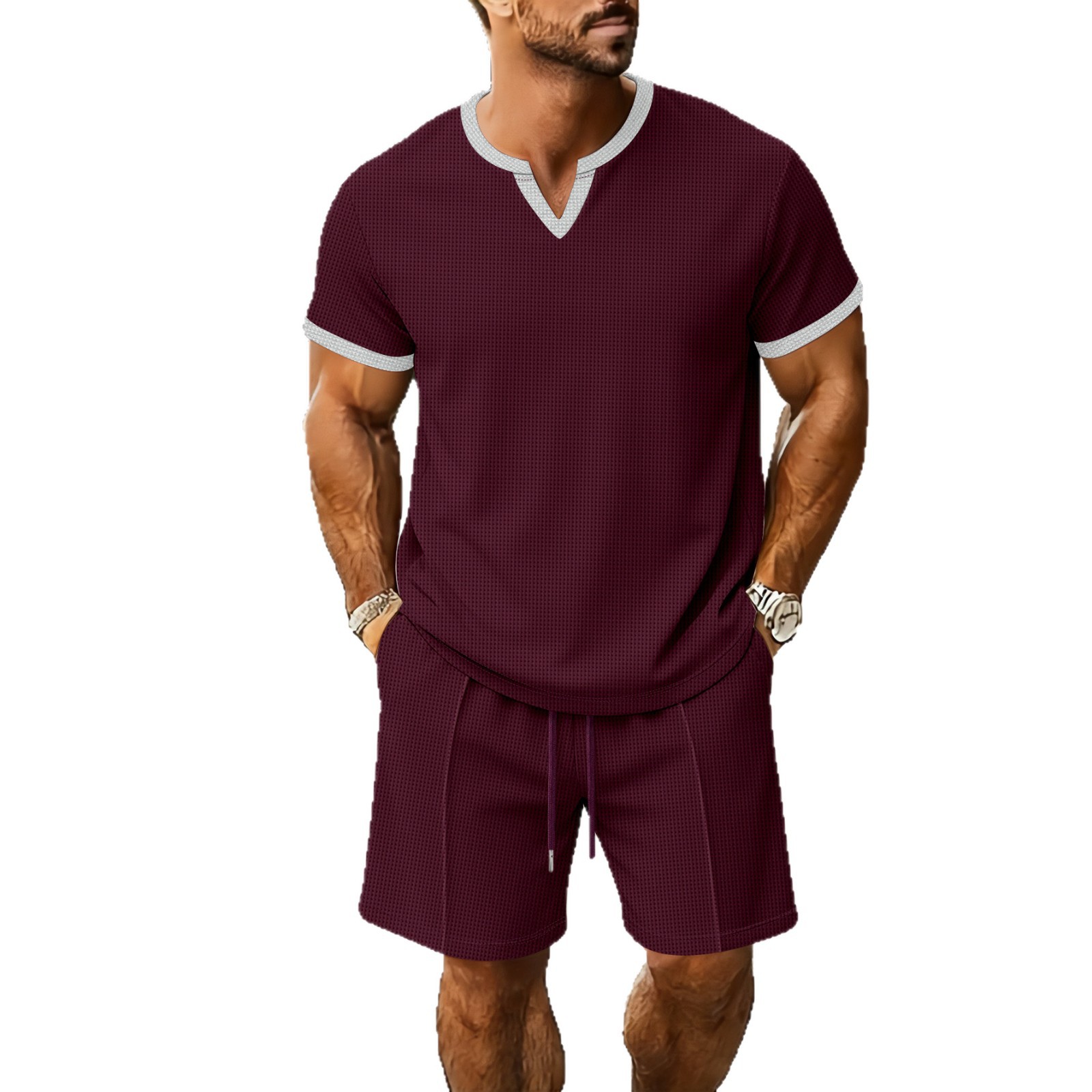 Herren-Set aus Waffelstrick mit V-Ausschnitt, kurzen Ärmeln und Shorts – Atmungsaktives Polyester-Loungewear- und Outdoor-Outfit für Frühling/Sommer_voghion.com