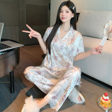 法式高级感花卉ins风冰丝贵气睡衣女夏季短袖长裤套装家居服批发