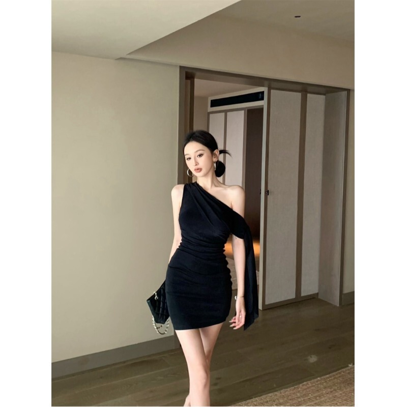 Mr [Shake Cloth] French Style Ribbon Black Slanted Shoulder Dress Women's Summer Slimming Look Elastic Hip Skirt