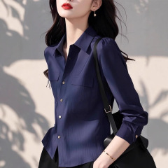春秋季法式轻熟风蓝色polo领衬衫女设计感超好看收腰通勤长袖上衣