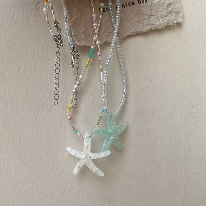 Summer Starfish Blue Beaded Necklace 2024 New Handmade Necklace Clavicle Chain Cool Korean Style