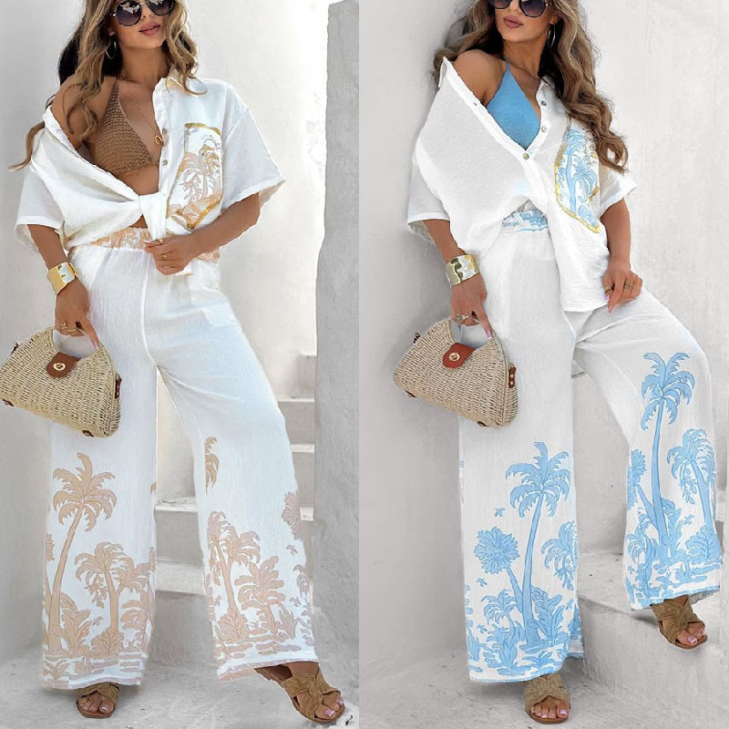 Cross-border independent website: 2025 new summer casual cotton and linen short-sleeved collared shirt and long pants set for women Cross-border independent website: 2025 new summer casual cotton and linen short-sleeved collared shirt and long pants set for women