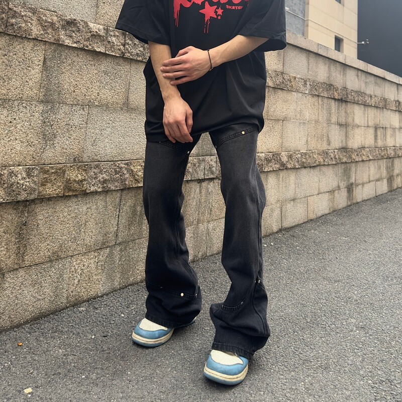 Fengling Valley Designer Show Style Front Pocket Design Scrap Dressed Jeans Men's Retro Wide Leg Pants