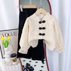 秋季新款韓版女童復古套裝開衫上衣兒童喇叭褲新中式國風盤扣童裝