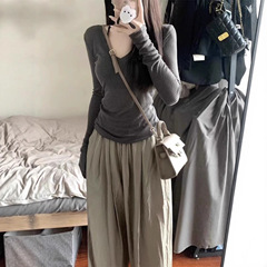 春秋修身长袖t恤上衣阔腿长裤子女两件套装2025新款酷飒拽姐穿搭