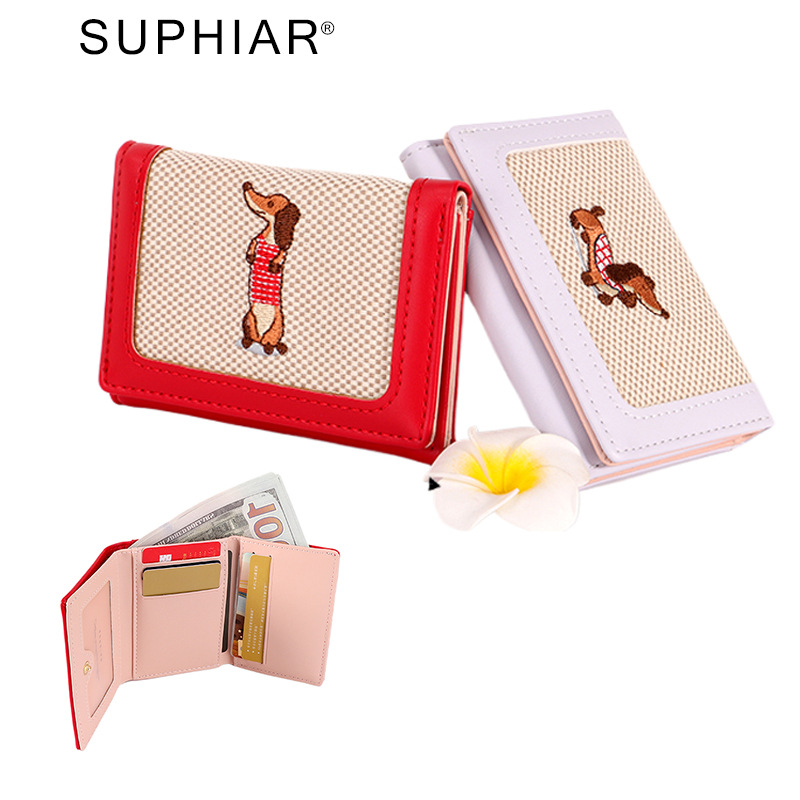 Nuevo producto tres tarjetero plegable de piel de pu simple, pequeño y delgado, billetera de estudiante, billetera de lona de cachorro de dibujos animados lindo femenino